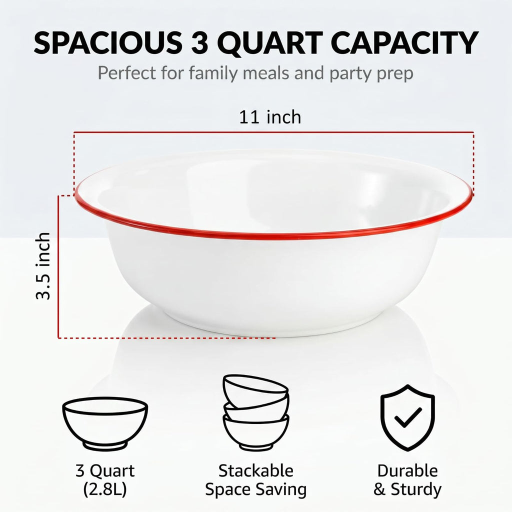 2 Pack 3 Quart Large Enamel Serving Bowl, 11" Unbreakable Vintage Metal Enamel Mixing Bowl, White and Red Kitchen