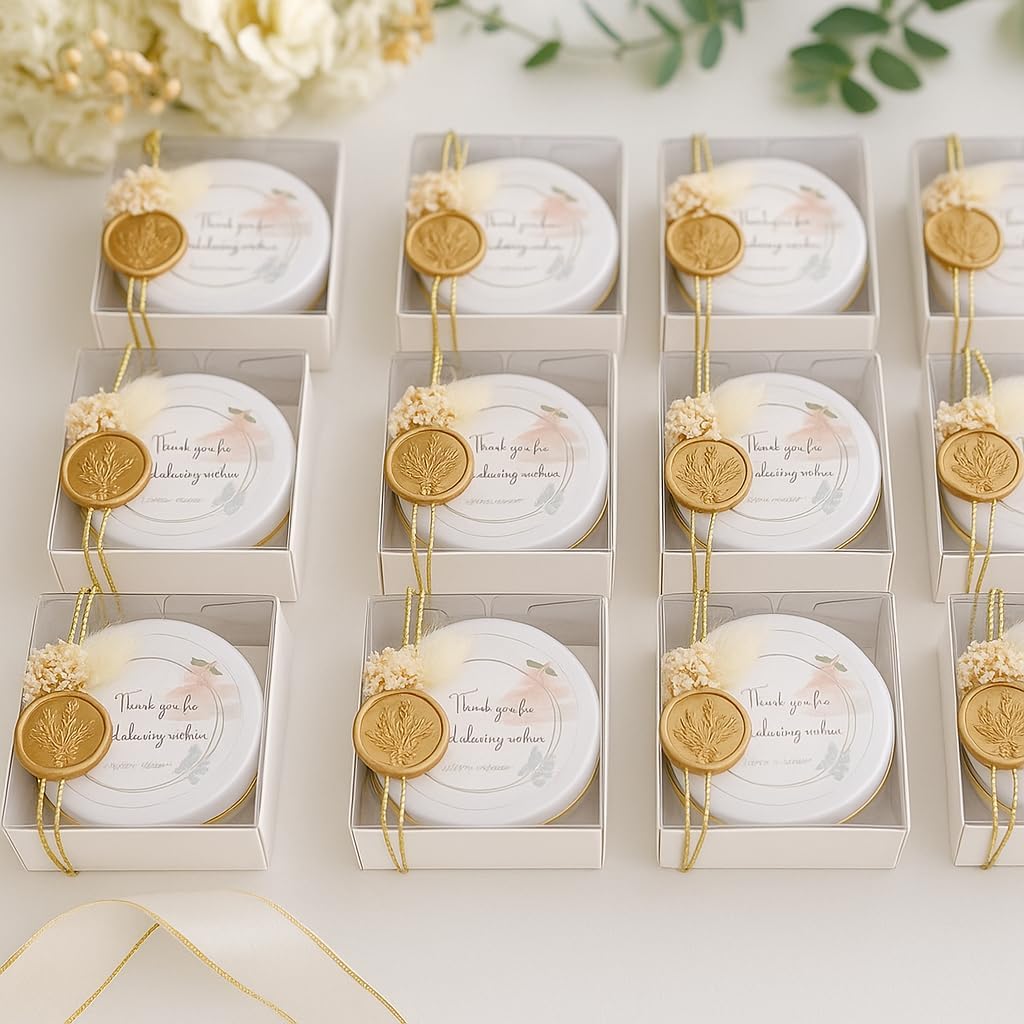 Wedding Candle Favor Set with Gift Box - Personalized Soy Wax Candles with Gold Seal & Gold String, Dried Flowers - Set of 10