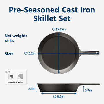 10 Inch Lightweight Pre-Seasoned Cast Iron Skillet, Smooth Fry Pan