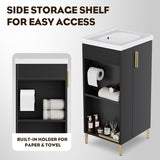 16-Inch Freestanding Bathroom Vanity with Sink – Black Cabinet with Ceramic Sink, Soft-Close Door and Side Storage