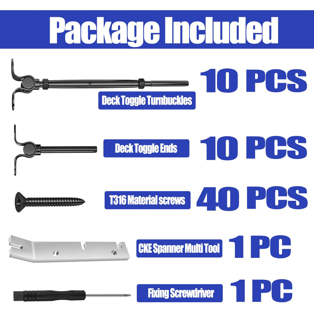 10 Pairs 1/8" Black Cable Railing Hardware Kit Swage Toggle Turnbuckle for Wood Post, T316 Stainless Steel Black Deck