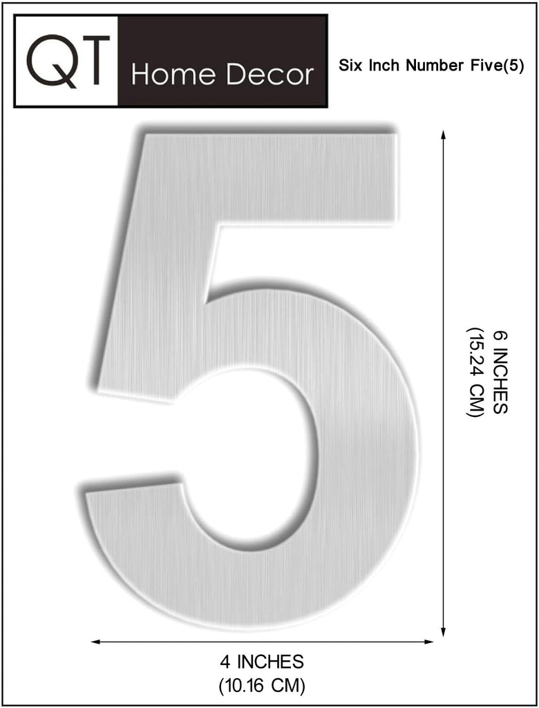 6 Inch Floating House Number 5 - Brushed 304 Stainless Steel