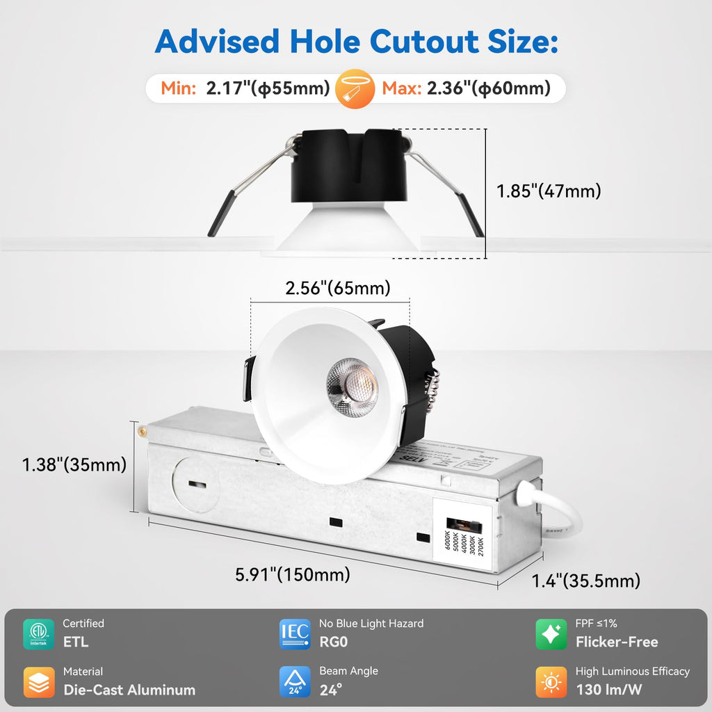 2 Inch LED Recessed Light Anti Glare Canless Spotlight, 12-Pack
