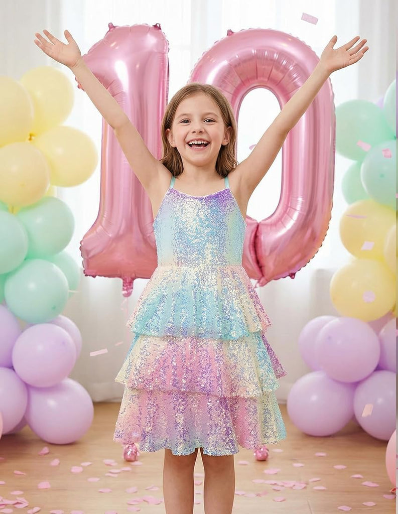 Girls Sequin Formal Dresses Kids Party Special Occasion Fancy Dress Tie Back 3 Layer Prom Graduation Outfits