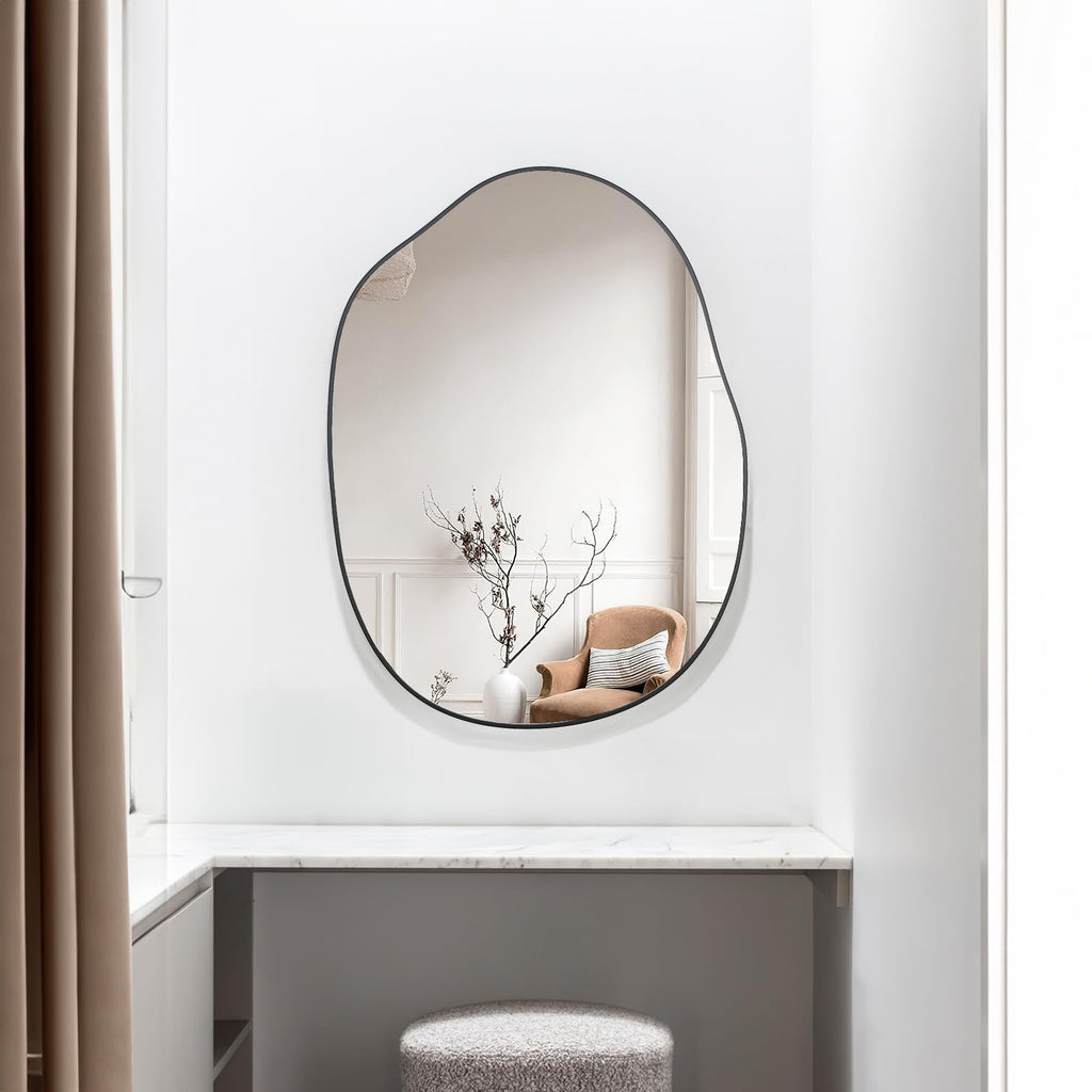 Black Irregular Mirror Asymmetrical Wood Vanity Mirror 24"x32"