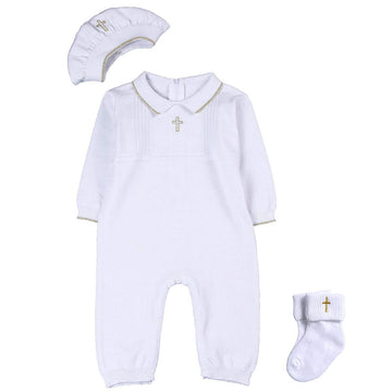 Baby Boy Baptism Outfit with Hat Christening Outfit-Cross Detail - Pure White