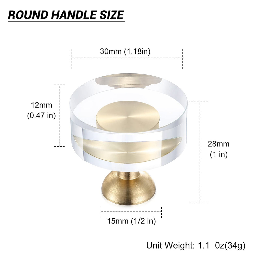 12-Pack 1-1/4-Inch White Cabinet Glass Crystal Brass knobs Brass Drawer Round Knobs Dresser Pulls, Gold Hardware