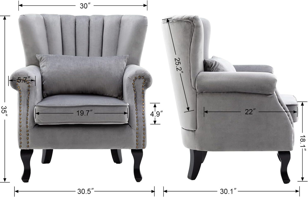 Mid Century Modern Accent Chair Upholstered Armchair Comfy Velvet Fabric Single Sofa with Lined Wingback for Small