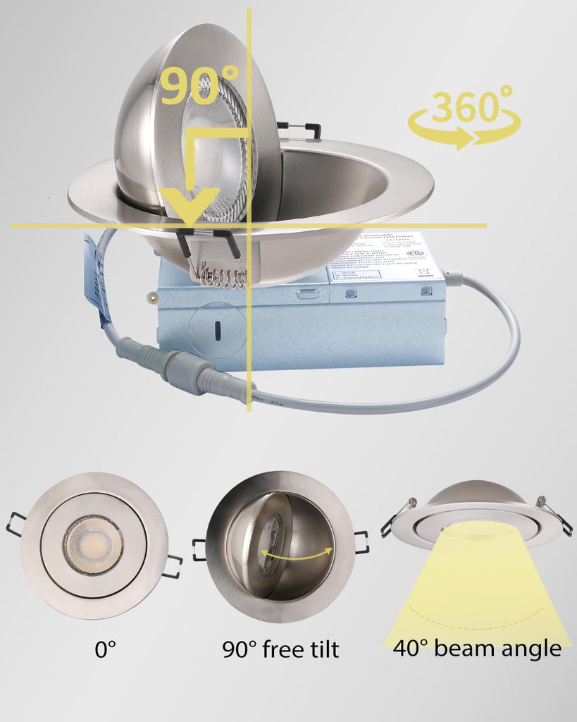 4 Inch Gimbal LED Recessed Lights 6 Pack,5CCT Eyeball Light Nickel