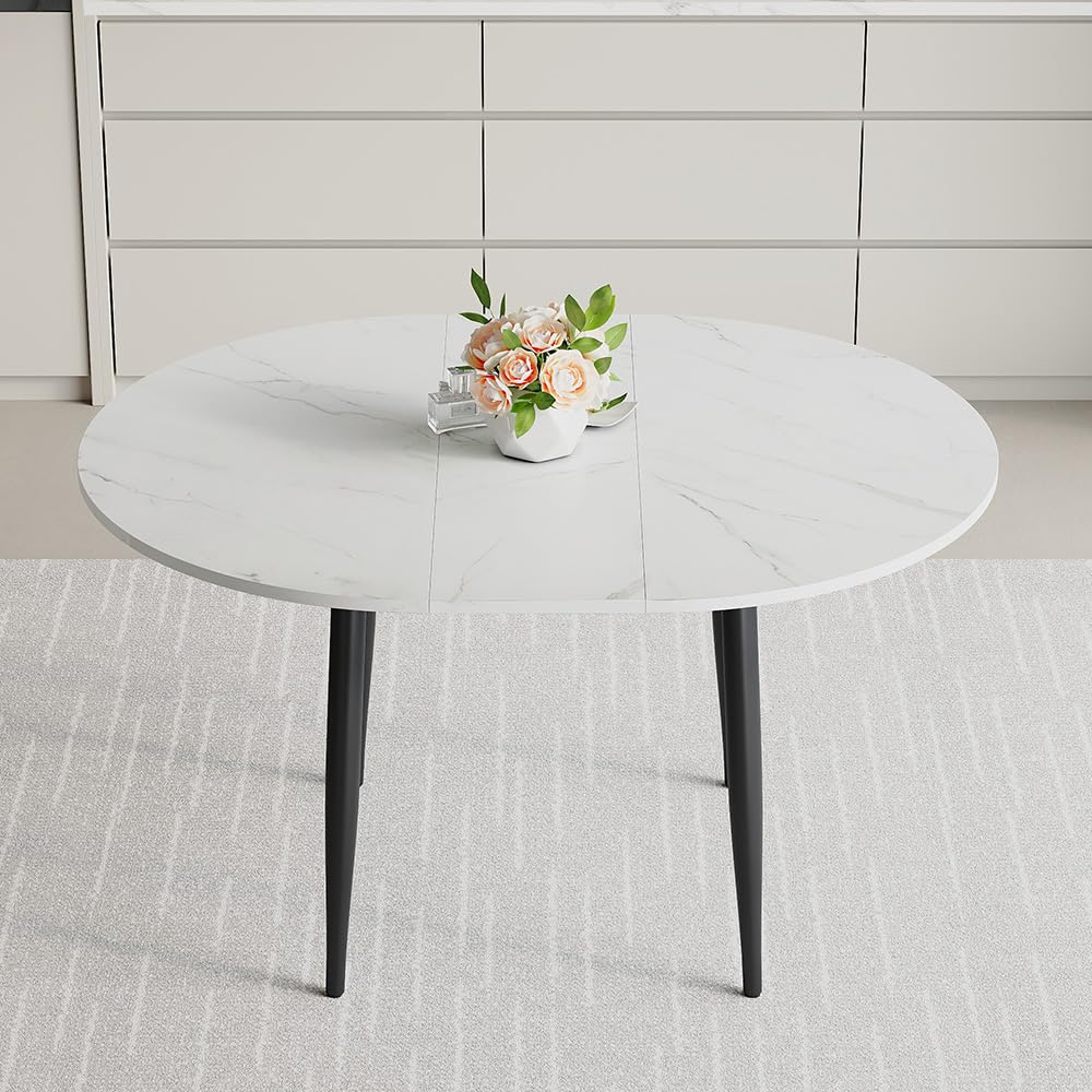 42"-54" Round to Oval Extendable Dining Room Table, White Faux Marble & Wood Grain Top with Black Metal Legs, Modern