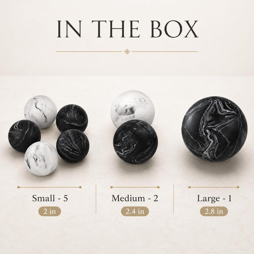 Black & White Small Set of 8 Marble Look Decorative Balls for Bowls - Decorative Orbs Spheres for Coffee Table