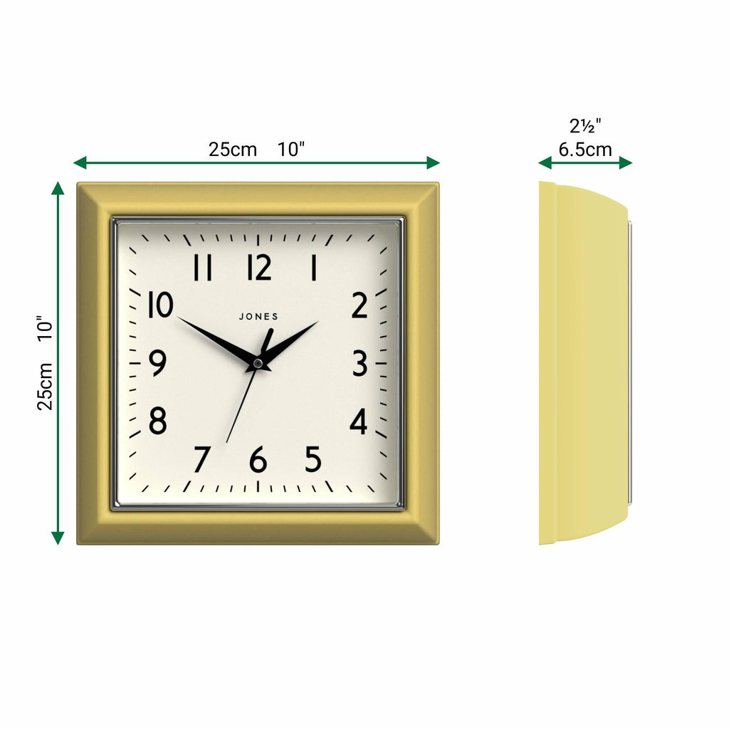 Mustard wall Clock | Square Retro Clock | 10" | Yellow