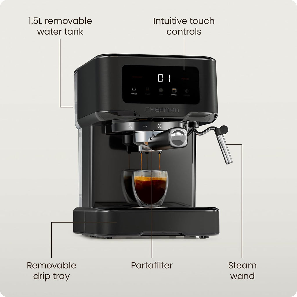 CraftBrew Espresso Machine, 15-Bar Pump Digital Espresso Maker w/Steam Wand for Latte & Cappuccino, Compact Espresso