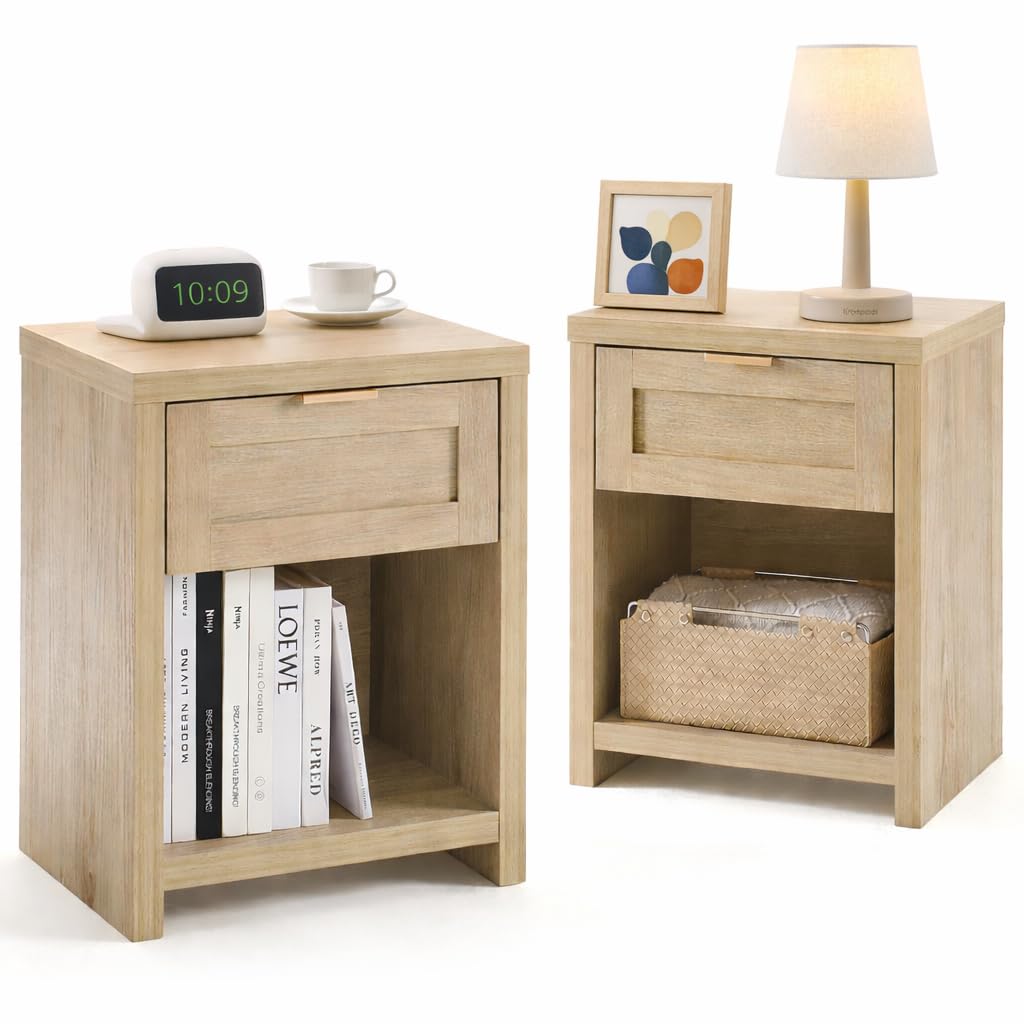 Nightstands Set of 2, Boho Bedside Table, Light Weathered Oak