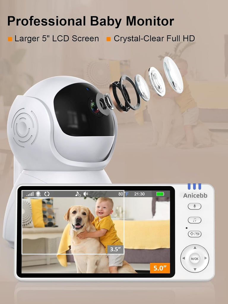 5" HD Video Baby Monitor with 2 Camera and Audio, No WiFi Hack-Proof Security, Remote Pan-Tilt-Zoom, 100-Hour Battery