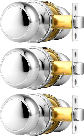 Polished Chrome Passage Door Knobs, Interior Door Lock Closet, Keyless Round Ball Knob Handle, No Locking, 3 Pack