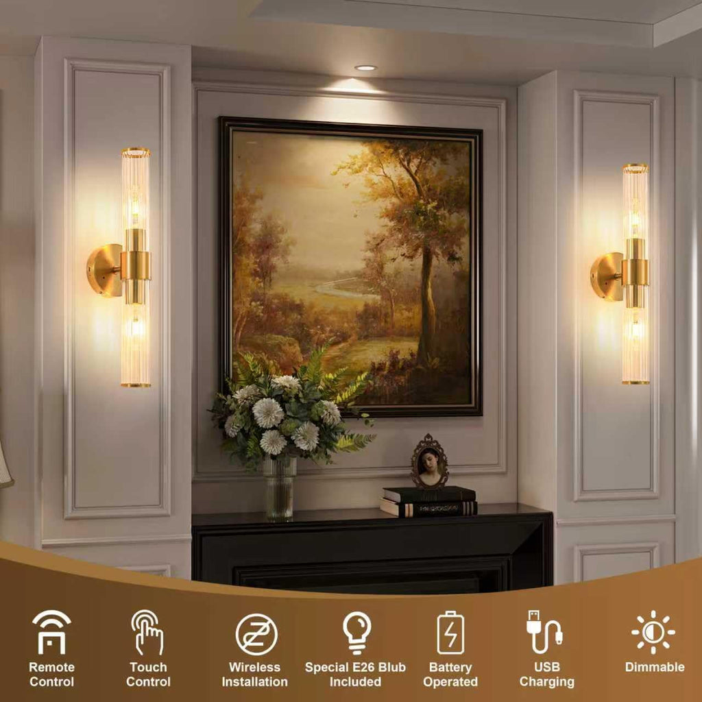 Gold Battery Operated Wall Sconces Set of Two, Rechargeable Wall Sconce with Dimmable Remote Control, 20 Inch