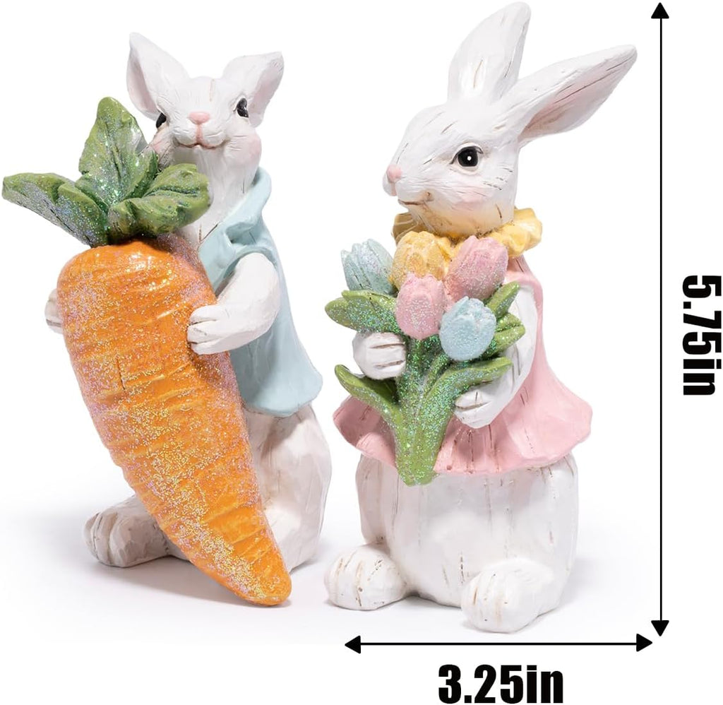 Easter Bunny Decorations Resin Rabbit Figurines with Carrot & Tulip Bouquet, Spring Indoor Decor Bedroom - Set of 2