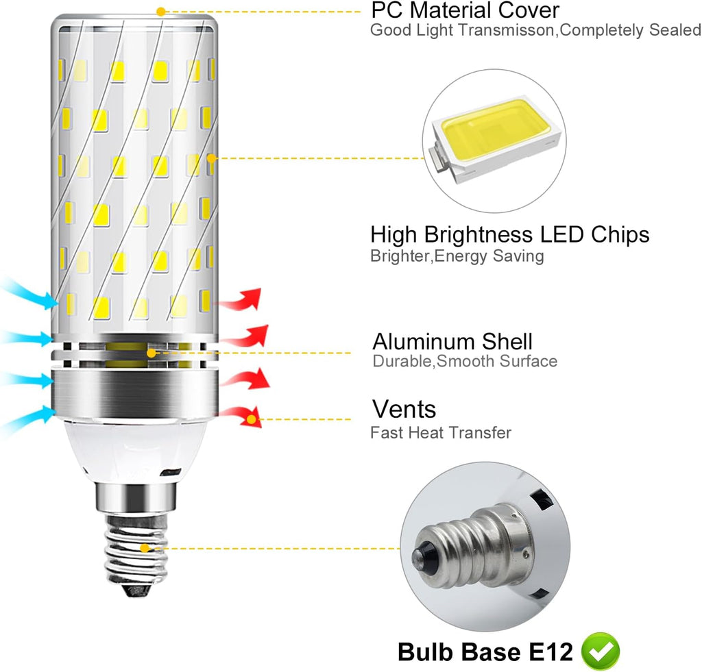 E12 LED Corn Bulb, 6000K Daylight White, 16W 1500LM LED Bulb, CRI80+, 120W Incandescent Equivalent, Non-Dimmable