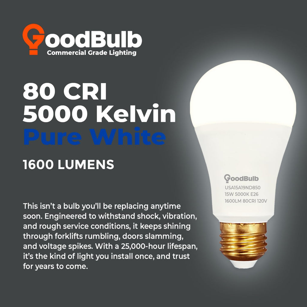 Made in USA A19 LED Light Bulbs, 100W Equivalent, 15W Non-dimmable, 5000K Daylight, 1600 Lumens, E26 Base, 25,000