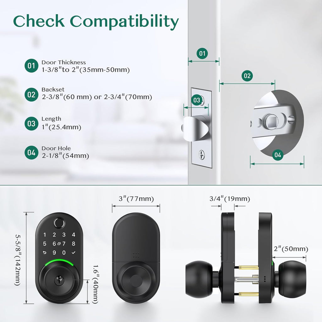 Keypad Smart Door Knob Lock, Fingerprint Keyless Entry Handle Lock