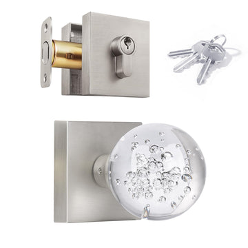 Brushed Nickel Glass Crystal Door Knobs and Deadbolt Set with Key Lock