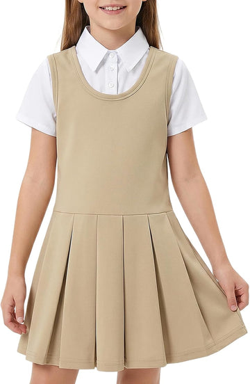 Girls 2 in 1 School Uniform Dress Short Sleeve Pleated Jumper Button Down Shirts Dresses