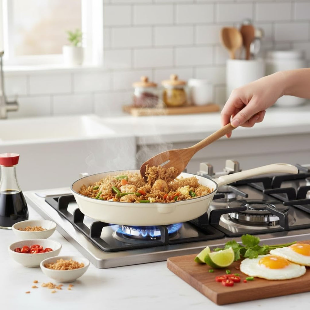 Enameled Cast Iron Fry Pan 10-Inch Cream, Cream Enamel coating, Skillet Pan For Stove top and Oven, Even Heat