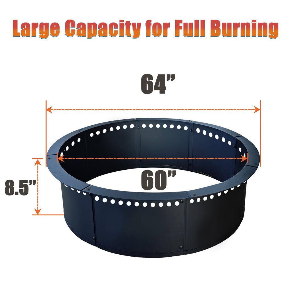 Outdoor 64-Inch Outer/60-Inch Inner Fire Pit Ring Smokeless, Duty Solid Metal Steel Round Firepit Rim Insert for DIY