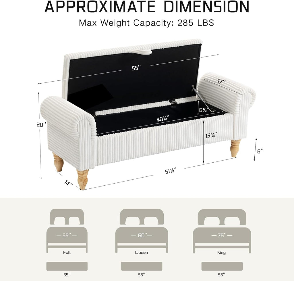 55" Corduroy Storage Ottoman Bench, Queen Bed, White | End of Bed, Bedroom/Entryway/Closet, Window Seat, Lift-Top