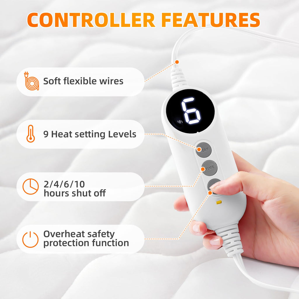 Heated Mattress Pad, Quilted Fitted Electric Mattress Pad with 9 Heat Setting Controller, 2/4/6/10 Hours