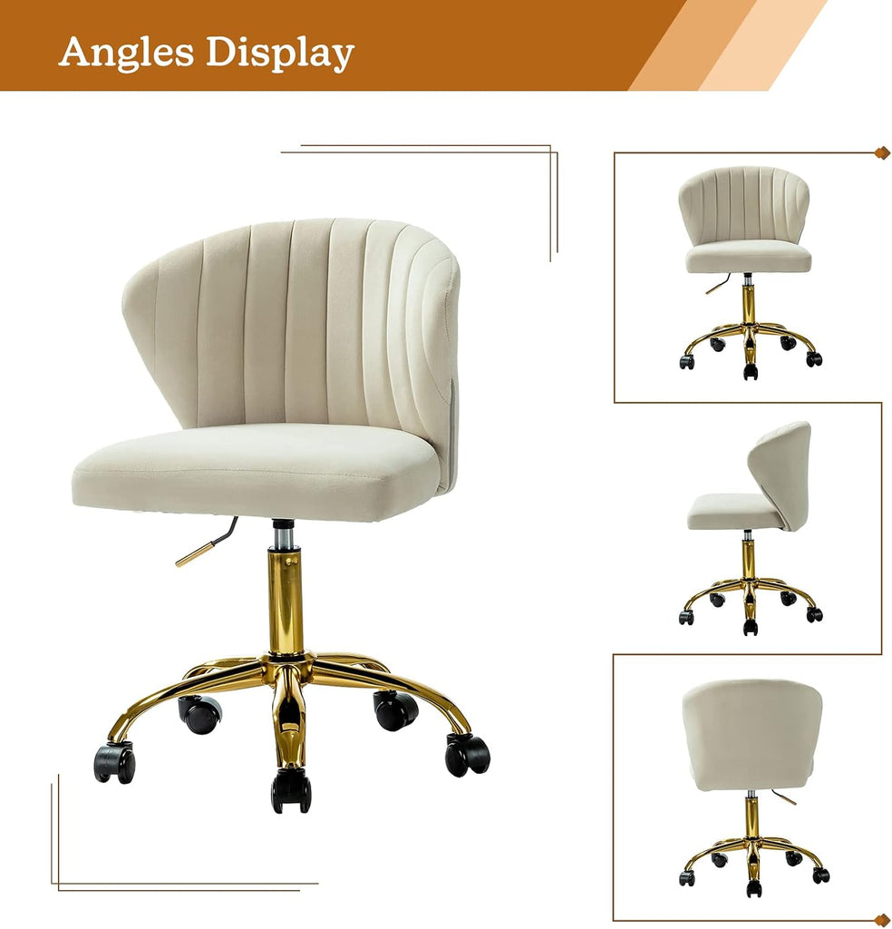 Office Desk Chairs with Wheels & Gold Base, Modern Velvet Cute Armless, Adjustable Low Back Swivel Rolling Chair