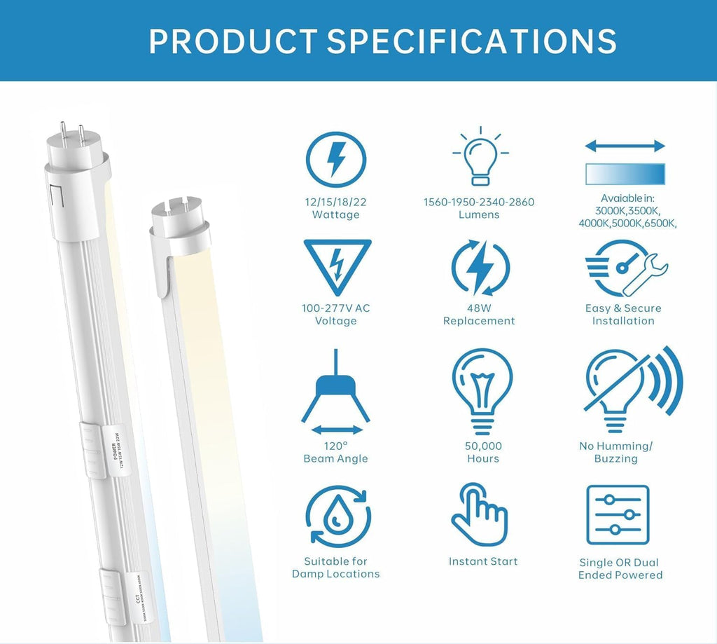 24 Pack 4FT T8 LED Tube Light, Hybrid Type a+b 12W/15W/18W/22W, 3000K |3500K|4000K|5000K|6500K, Single and Double End
