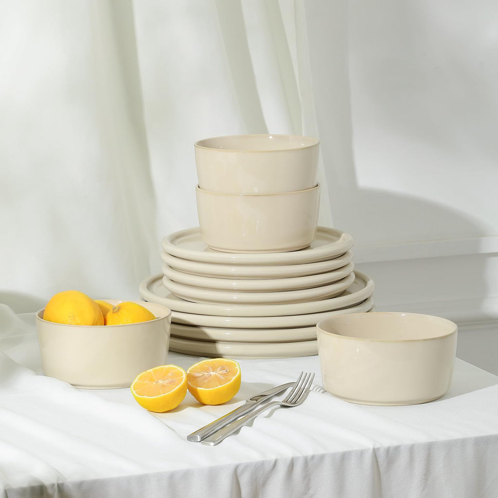 Lain Eden 24-Piece Dinnerware Set Stoneware, Plates and Bowls Set, Dishwasher and Microwave Safe Dish, Dish Set for
