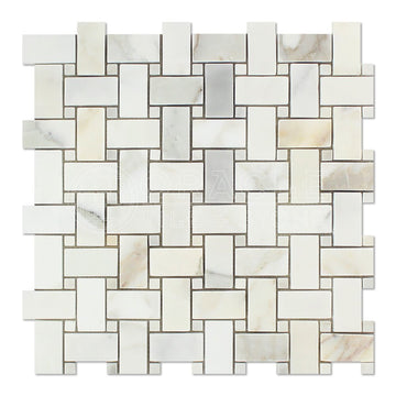 Calacatta Gold (Italian Calcutta) Marble Basketweave Mosaic Tile with Calacatta Gold Marble Dots, Honed