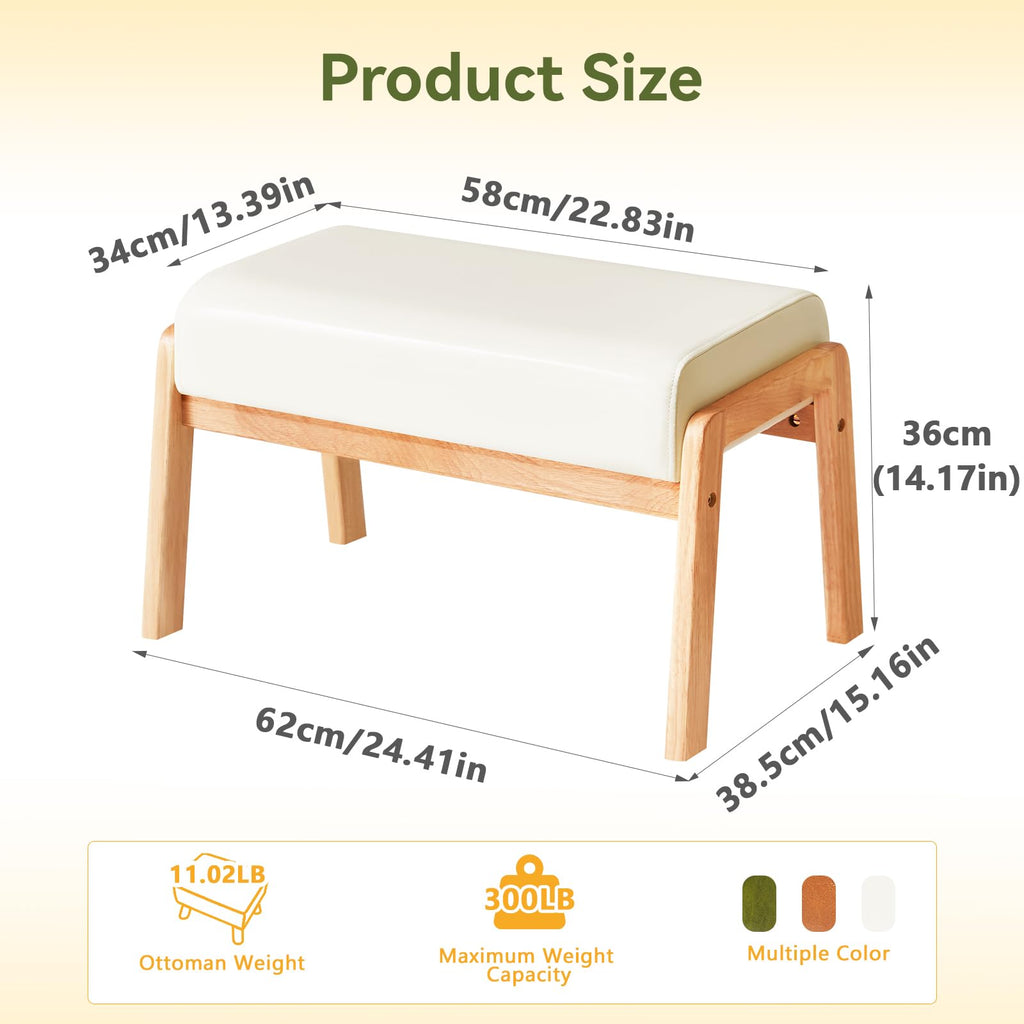 Large Footstool Ottoman, PU Faux Leather Footrest, White