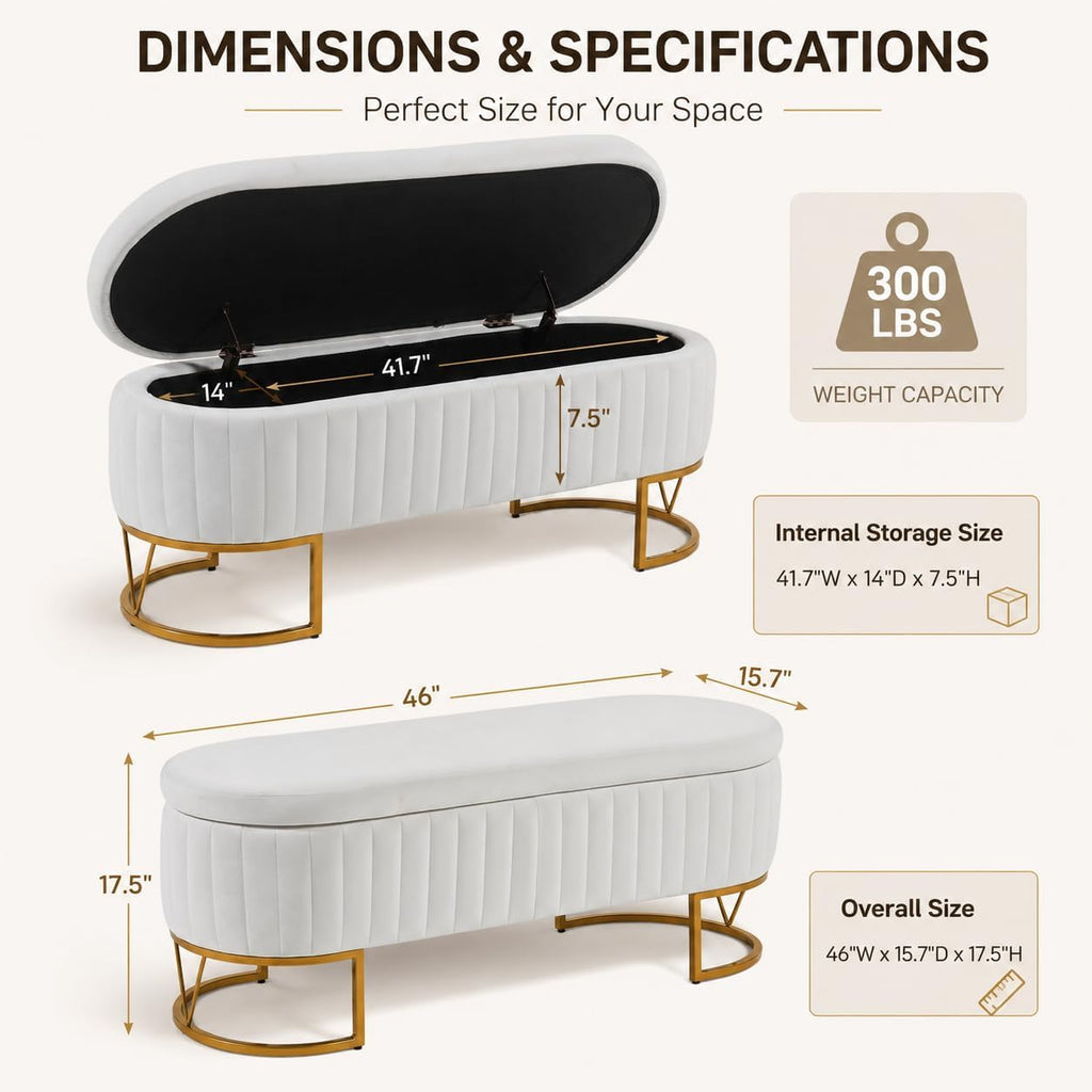 Velvet Storage Bench for Queen Size Bed, 46'' Beige Oval Ottoman, Gold Legs | Easy Assembly, Housewarming Gift