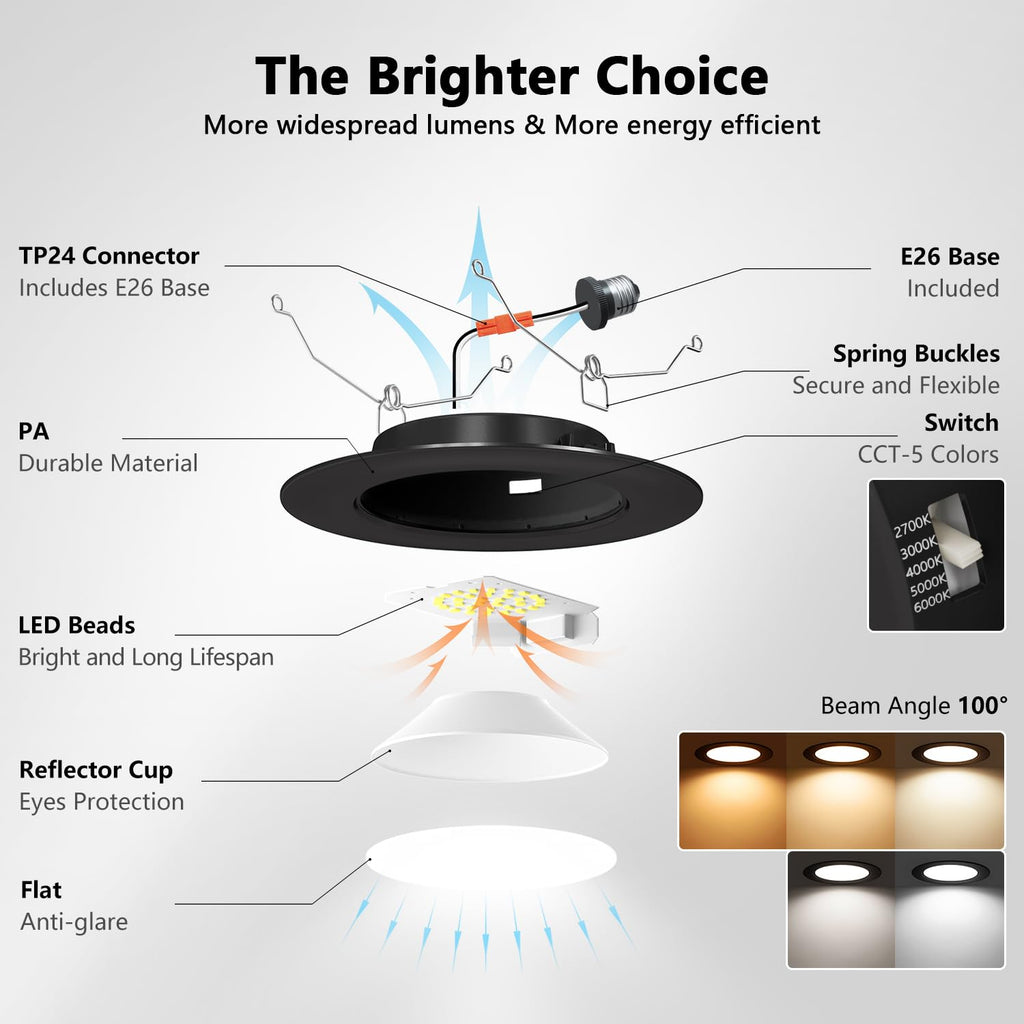 6 Inch Recessed Lights, 5CCT LED Can Lights, Dimmable,12 Pack,Black