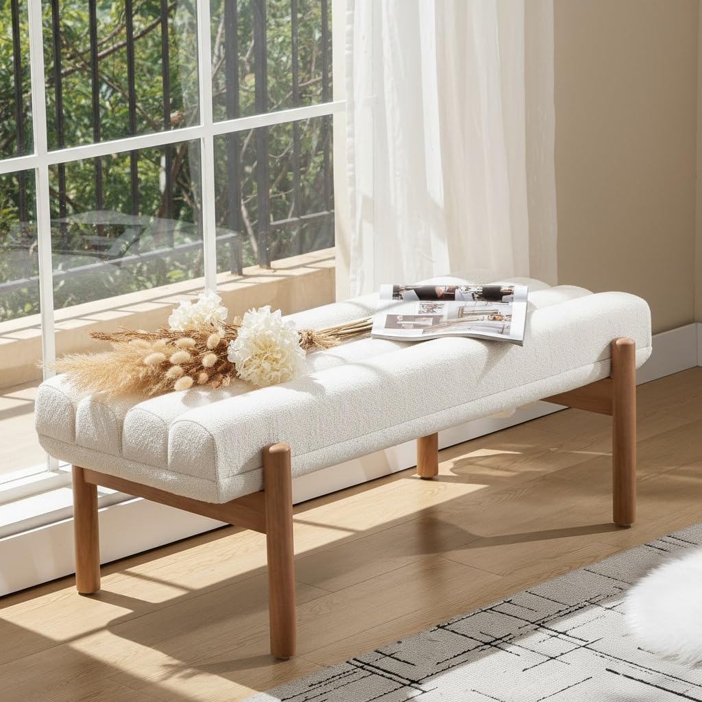 Modern Upholstered Bedroom Bench End of Bed, Comfy Modern Entryway Bench Solid Wood Frame, 47" Indoor Bench Dining
