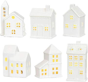White Ceramic Christmas Village Houses, Christmas Village Sets, LED Lighted Christmas Village Houses, White Porcelain
