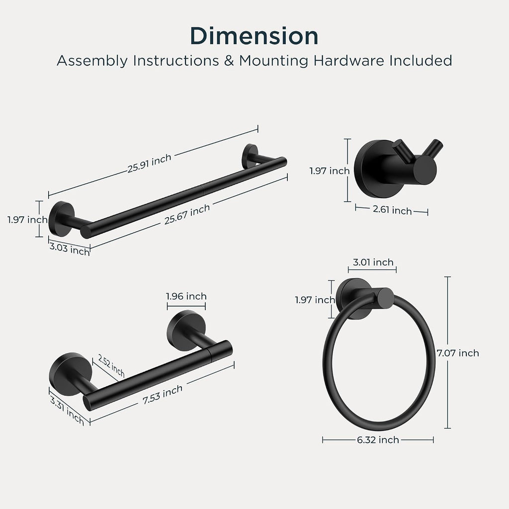 Bathroom Accessories, 4-Piece Bathroom Hardware Set - 24" Towel Bar | Matte Black | Towel Hooks, Towel Racks , Toilet