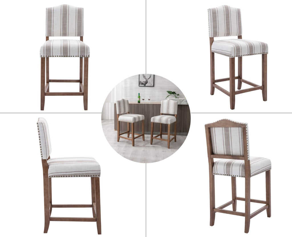 Farmhouse Bar Stools Set of 2 Counter Height Kitchen Barstools with Back Mid Century Modern Wooden Bar Chairs Linen