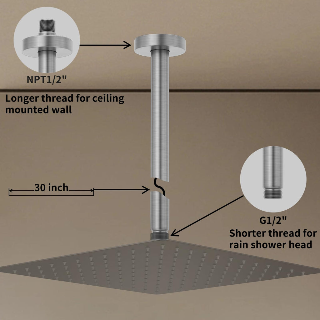 Brushed Nickel 30 Inches Ceiling Mount Round Shower Arm With Flange Straight Extender Extension Pipe Replacement Rain