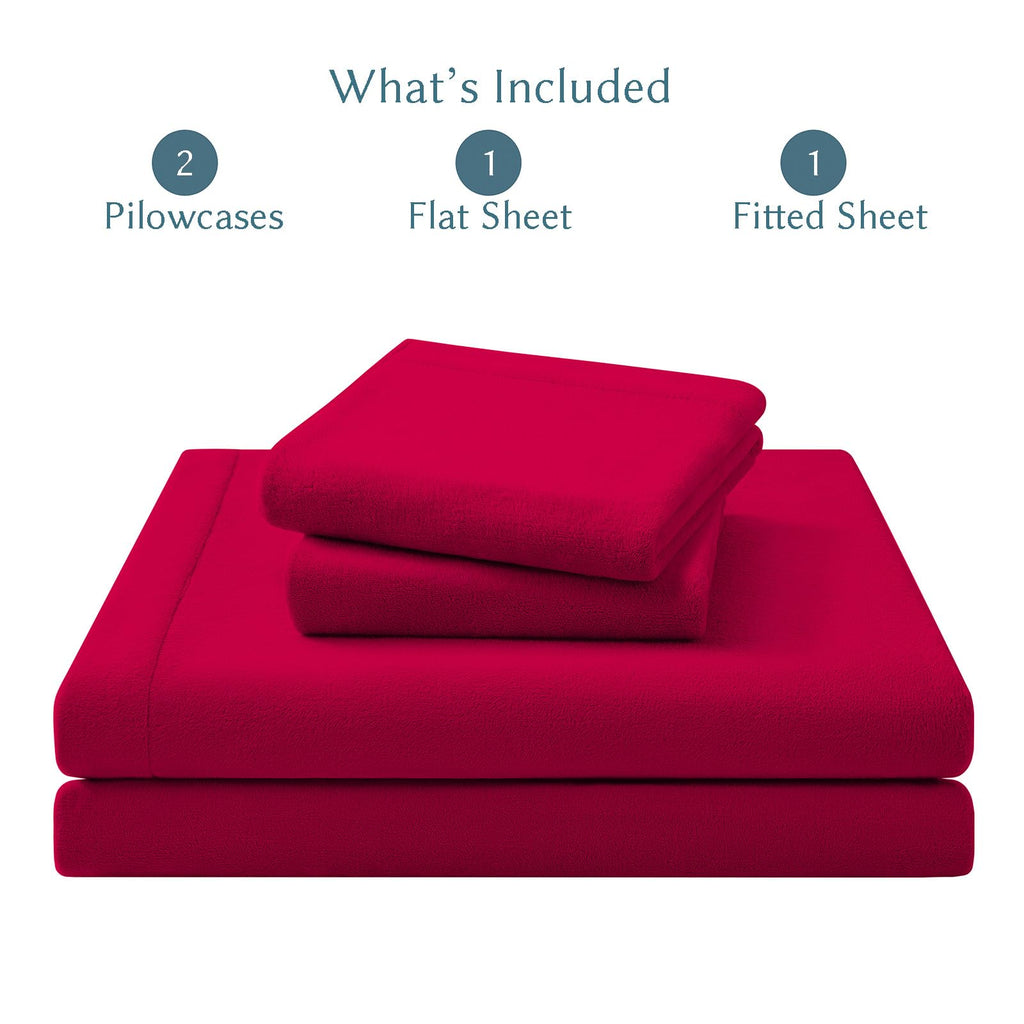Flannel Fleece Sheet Set Red-Ultra Soft Anti-Static Plush Bedding, 4 Piece(1 Fitted Sheet80×78"×16", 1 Flat