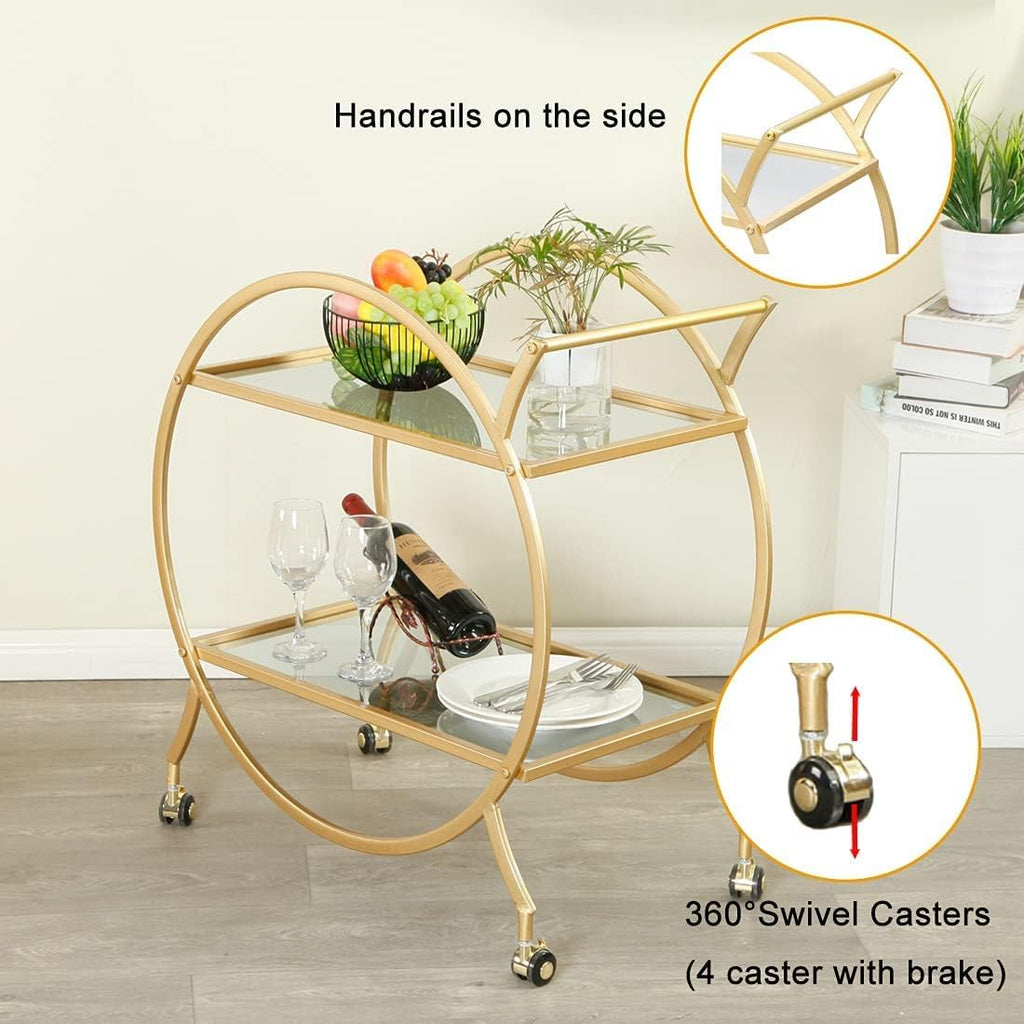 Bar Cart with 2 Mirrored Shelves, Modern Metal Bar Serving Cart, Gold Round Bar Carts for The