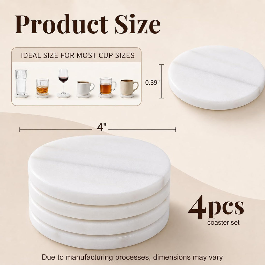 Marble Coasters, 4-inch Round Natural Stone Drink Coasters with Non-Slip Backing, Heat Resistant Coaster - Set of 4