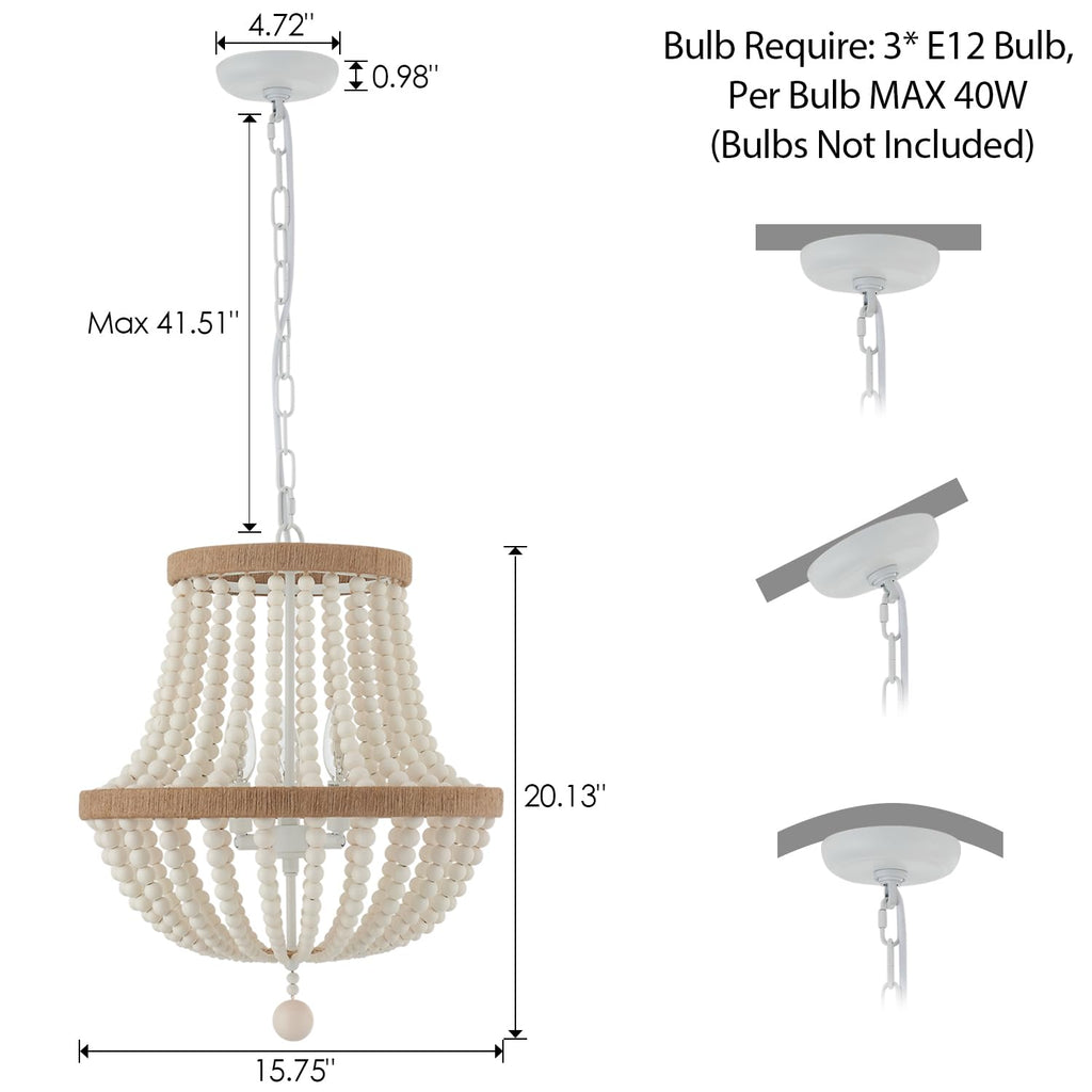 3-Light Boho Chandelier Farmhouse, Wood Bead Pendant Light, Antique Rustic Hanging Light Fixture Island Hallway