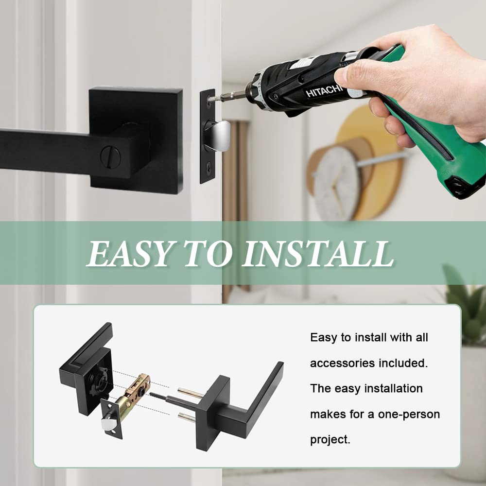 Bedroom/Bathroom Door Handles Levers Square Plate Interior Privacy Door Locksets,Matte Black (6Pack)