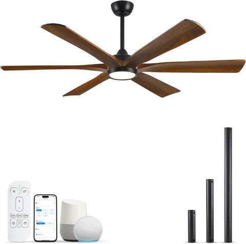 72 Inch Smart Outdoor Ceiling Fan with Light, Alexa/Wifi/Remote Control, 6 Solid Wood Blades Damp Rated