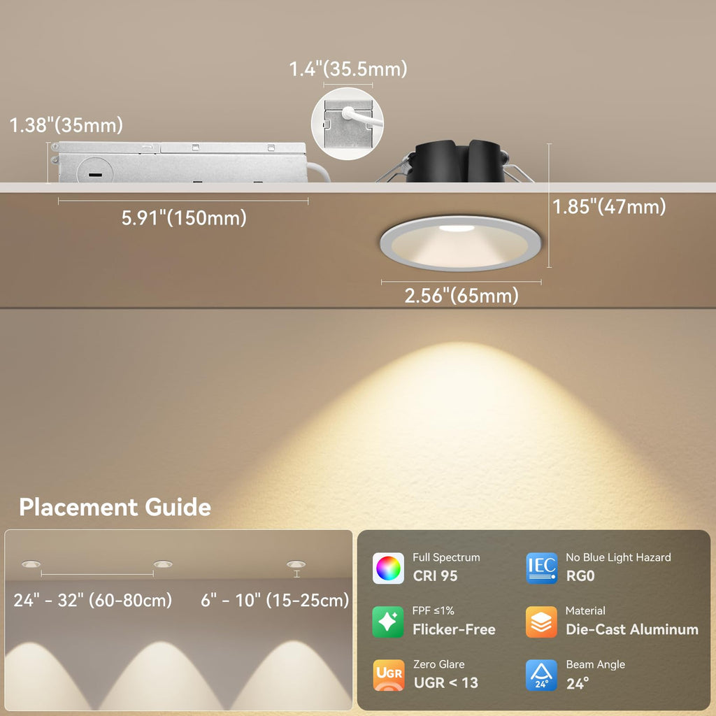 2 Inch Recessed Lights Anti-Glare COB Canless Spotlight, 6 Pack